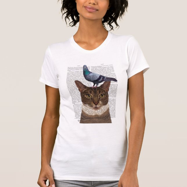Cat with Pigeon on Head T-Shirt (Front)