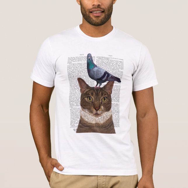 Cat with Pigeon on Head T-Shirt (Front)