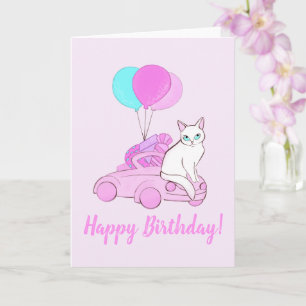 Cat with pink car and balloons card