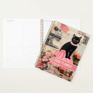 Cat with pink necklace kitchen flower collage planner