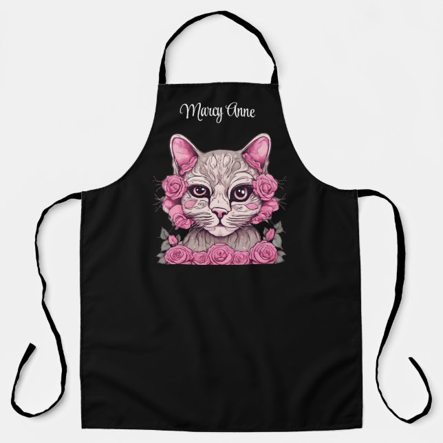 Cat with Pink Roses  Apron (Front)