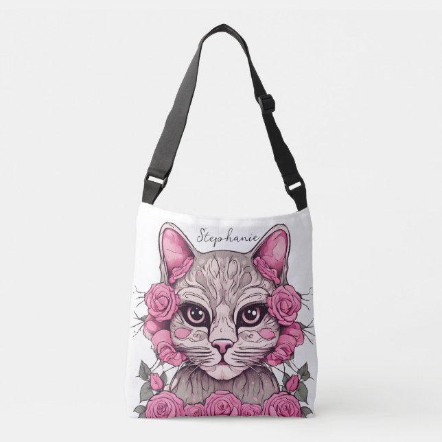 Cat with Pink Roses Crossbody Bag (Front)