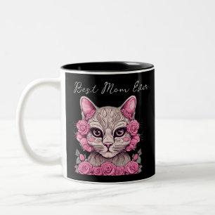 Cat with Pink Roses Personalised Best Mum Ever Mug