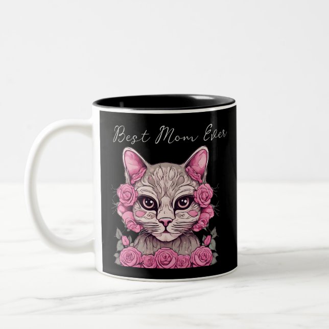 Cat with Pink Roses Personalised Best Mum Ever Mug (Left)