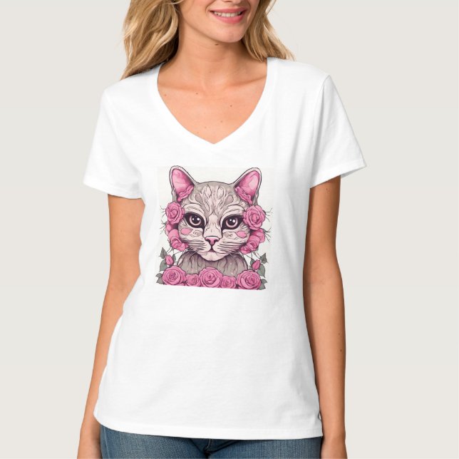 Cat with Pink Roses Womens T-Shirt Tee Top (Front)