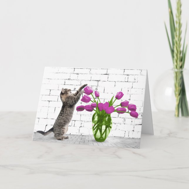 Cat with Pink Tulip Birthday Card (Front)