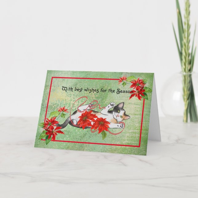 Cat with Poinsettias Vintage Christmas Card (Front)