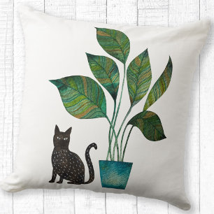 Cat with Potted Plant Watercolor Cushion