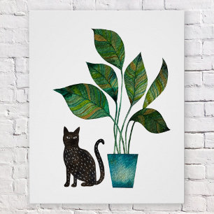 Cat with Potted Plant Watercolor Poster