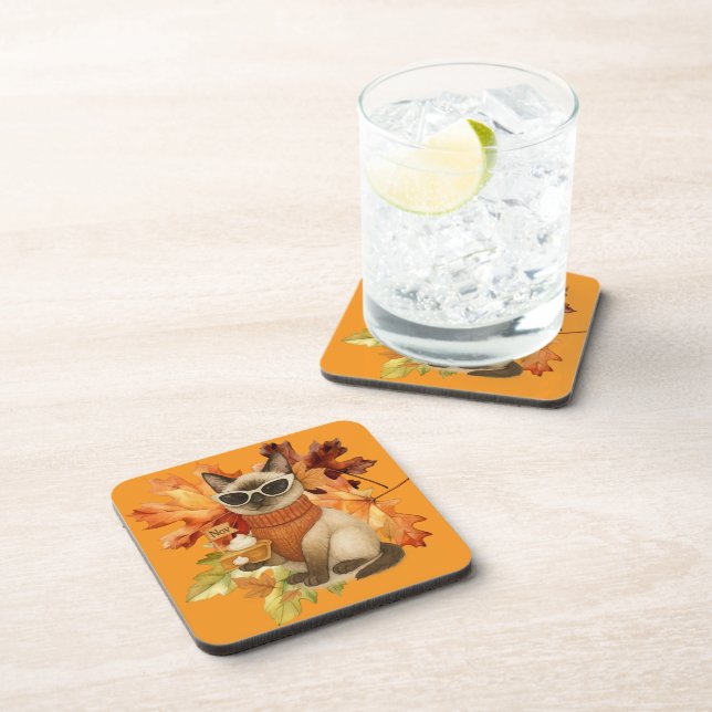 Cat with Pumpkin Pie for Thanksgiving Party  Coaster (Right Side)