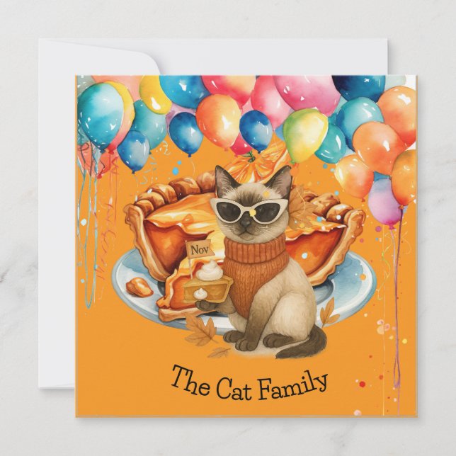 Cat with Pumpkin Pie for Thanksgiving Party  Invitation (Front)