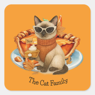 Cat with Pumpkin Pie for Thanksgiving Party  Square Sticker