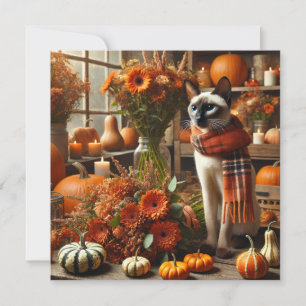 Cat with Pumpkins for Thanksgiving Holiday Card