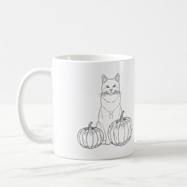 Cat With Pumpkins Minimal Fall Line Art And Name Coffee Mug (Left)