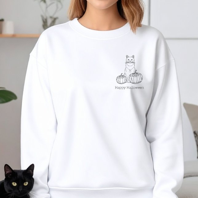 Cat With Pumpkins Simple Line Art Happy Halloween Sweatshirt (Disclaimer: This image is a digital mockup.)