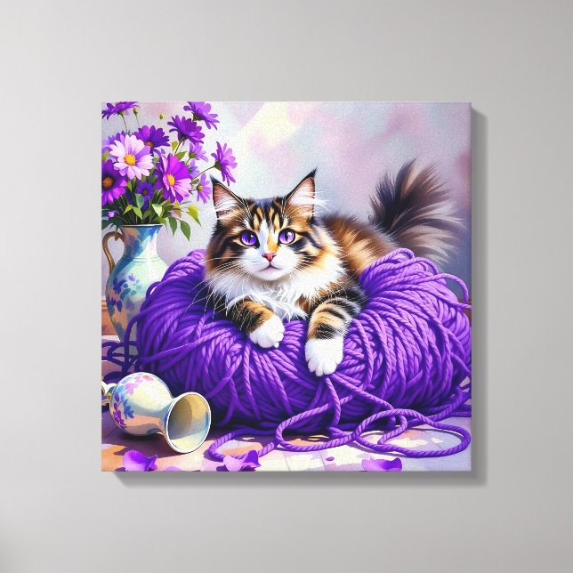 Cat with Purple Eyes in Purple Yarn and Flowers Canvas Print (Front)