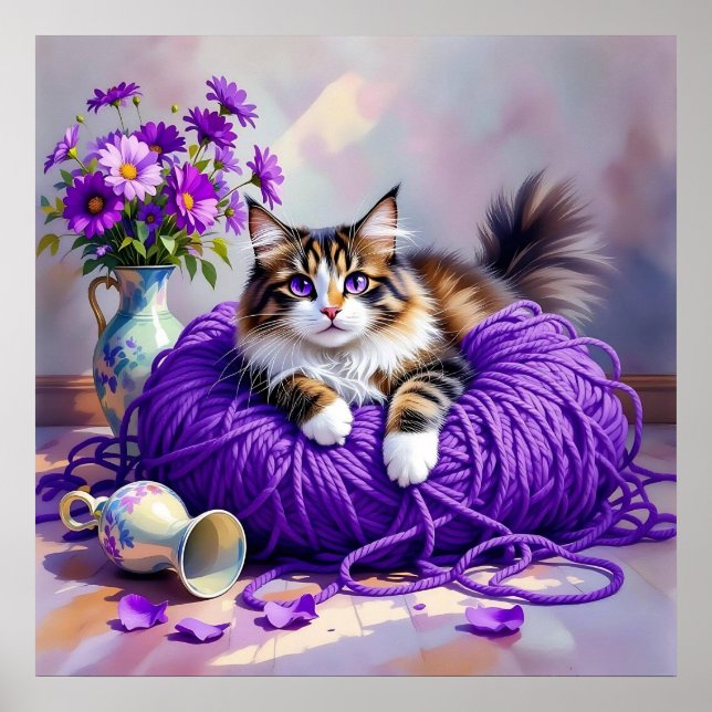 Cat with Purple Eyes in Purple Yarn and Flowers Poster (Front)
