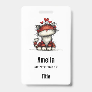 Cat with Red Hearts Cute and Fun ID Badge
