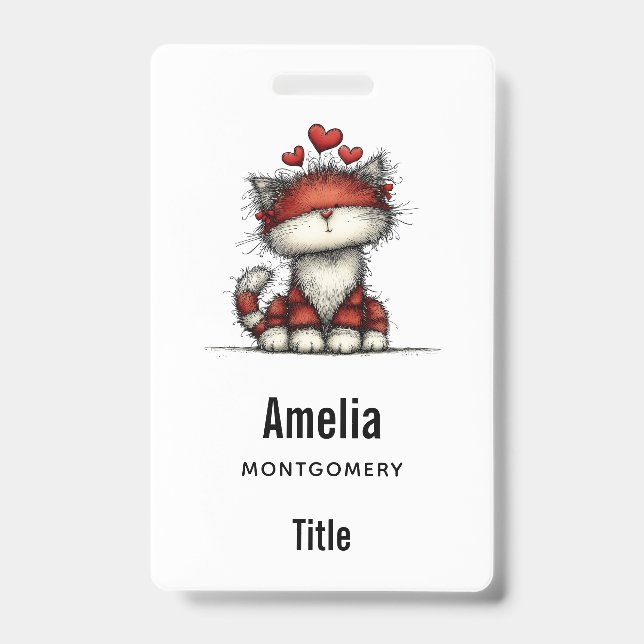 Cat with Red Hearts Cute and Fun ID Badge (Front)