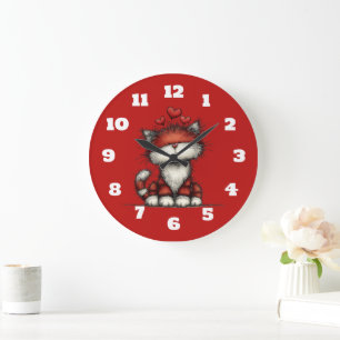 Cat with Red Hearts Cute and Fun Large Clock