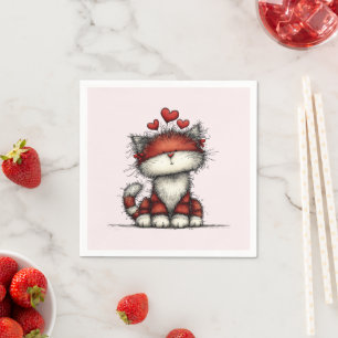 Cat with Red Hearts Cute and Fun Napkin