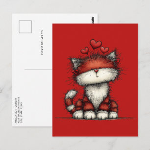 Cat with Red Hearts Cute and Fun Postcard