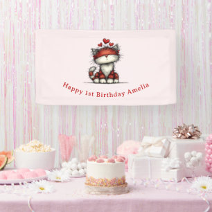 Cat with Red Love Hearts Cute and Fun Birthday Banner