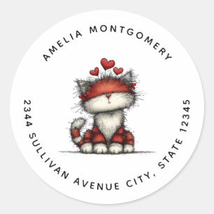 Cat with Red Love Hearts Cute and Funny - Address Classic Round Sticker