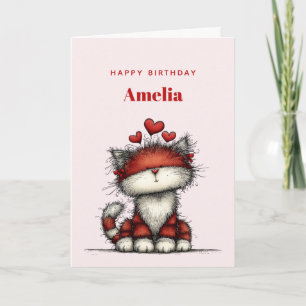 Cat with Red Love Hearts Cute and Funny Birthday Card
