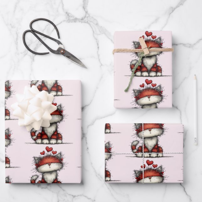 Cat with Red Love Hearts Cute and Funny Pattern Wrapping Paper Sheet (Front)
