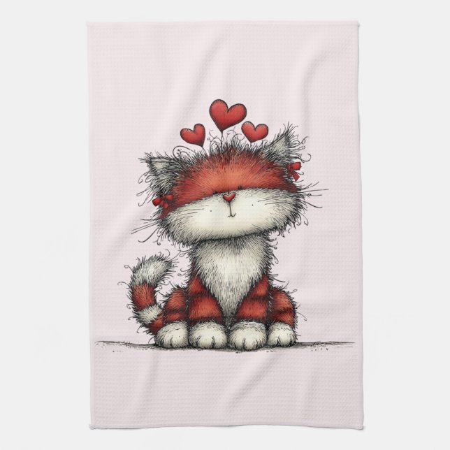 Cat with Red Love Hearts Cute and Funny Tea Towel (Vertical)