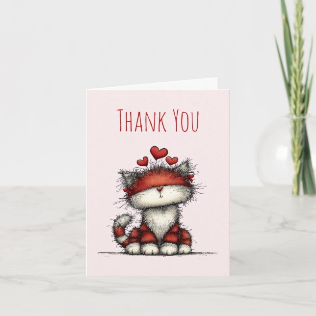 Cat with Red Love Hearts Cute and Funny Thank You Card (Front)