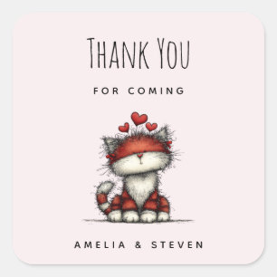 Cat with Red Love Hearts Cute and Funny Thank You Square Sticker