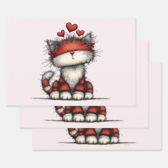 Cat with Red Love Hearts Cute and Funny Wrapping Paper Sheet (Set)