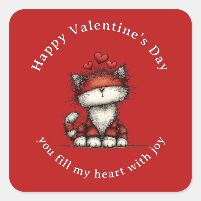 Cat with Red Love Hearts Cute Fun Valentine's Day Square Sticker (Front)