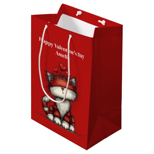 Cat with Red Love Hearts Valentine's Day Medium Gift Bag (Front Angled)