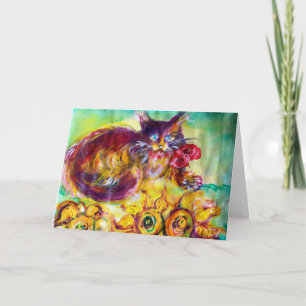 CAT WITH RED RIBBON AND SUNFLOWERS Father's Day Card