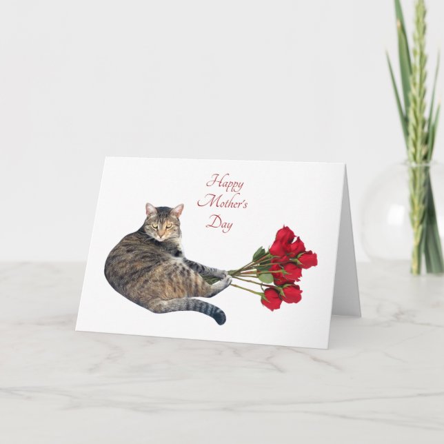 Cat with Red Roses Mother's Day Card (Front)