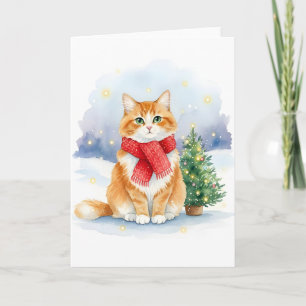 Cat with Red Scarf and Christmas Tree Watercolor Card