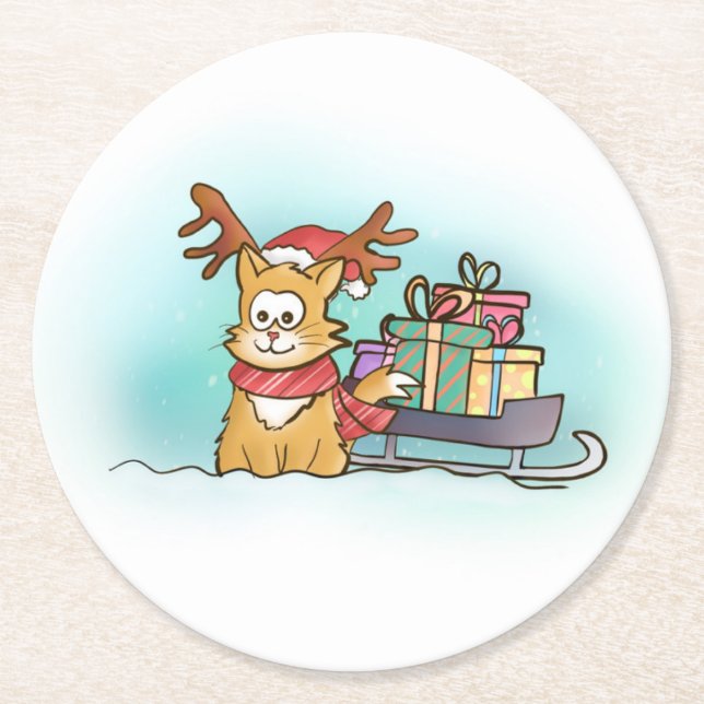 Cat with Reindeer Hat and Sleigh Christmas Round Paper Coaster (Front)