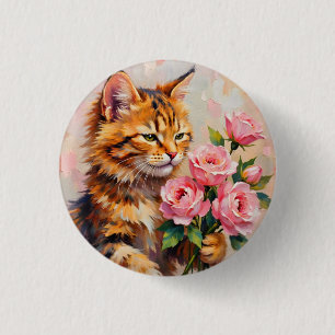 Cat with Roses 3 Cm Round Badge