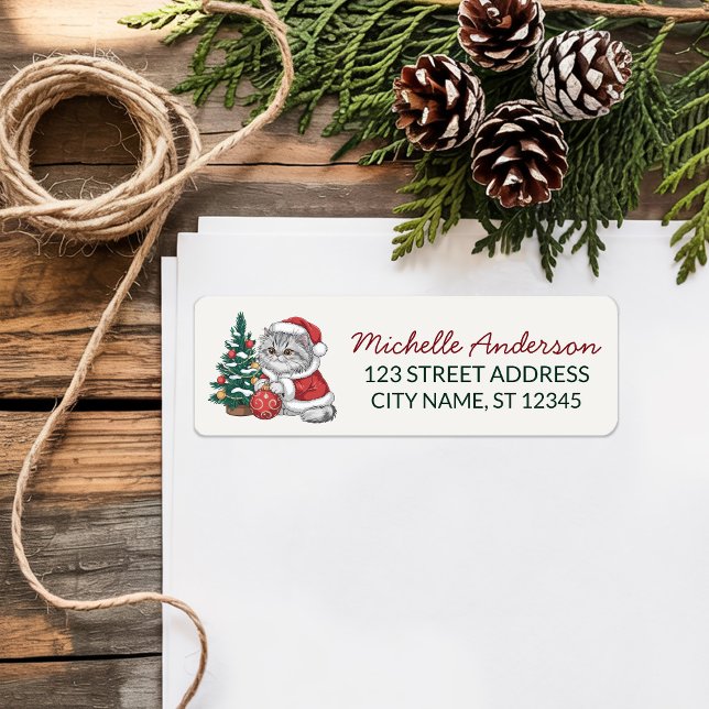 Cat with Santa Hat Christmas tree Return Address   (Creator Uploaded)