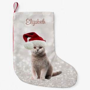 Cat With  Santa Hat ,Glittery Bokeh Small Christmas Stocking