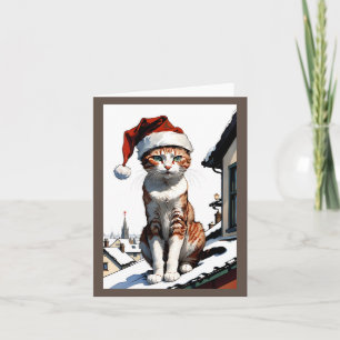cat with santa hat on the roof holiday card