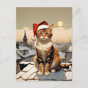 cat with santa hat on the roof postcard