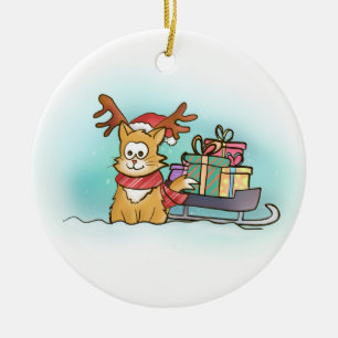 Cat with Santa Reindeer Hat delivering Presents Ceramic Tree Decoration