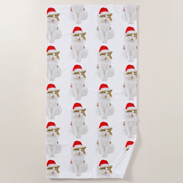 Cat with Santa's Hat Beach Towel (Front)