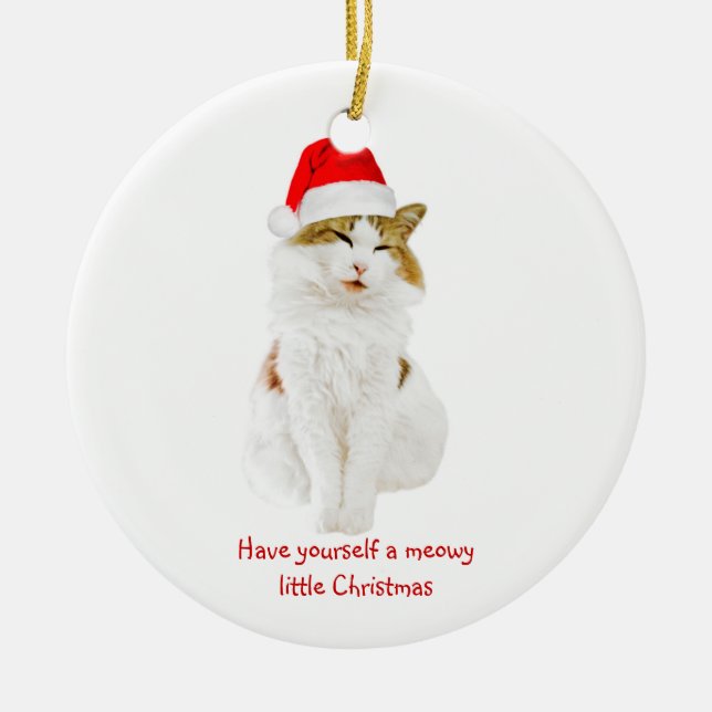 Cat with Santa's Hat Ceramic Tree Decoration (Front)