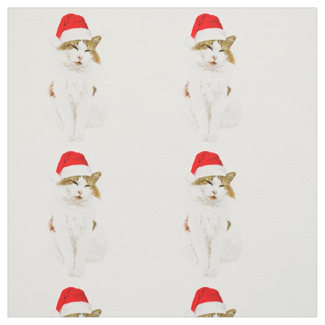 Cat with Santa's Hat Fabric (Swatch)