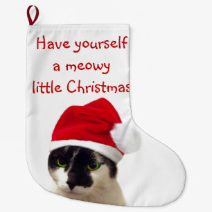 Cat with Santa's Hat Large Christmas Stocking